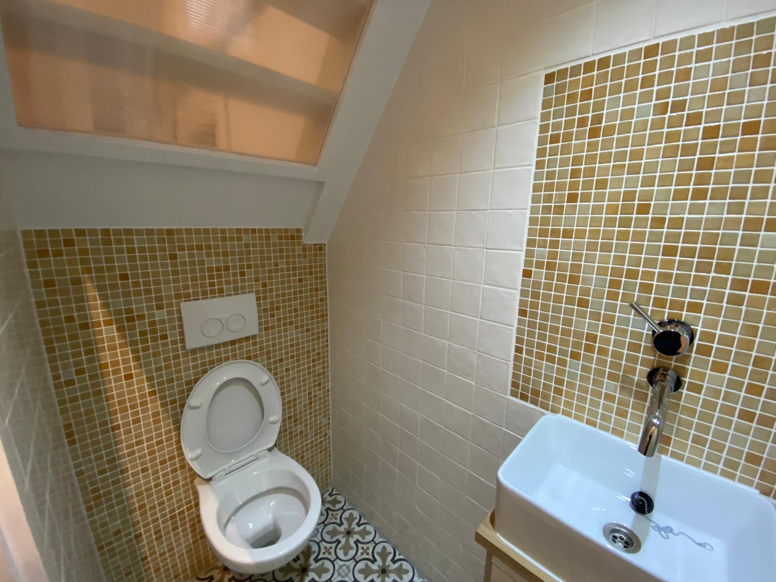 Toilet under the stairs with warm mosaic and a patterned floor in Kralingen