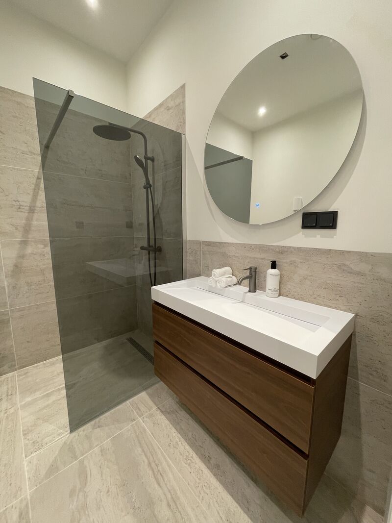 Sleek bathroom with a freestanding bath, renovated apartment in Rotterdam West