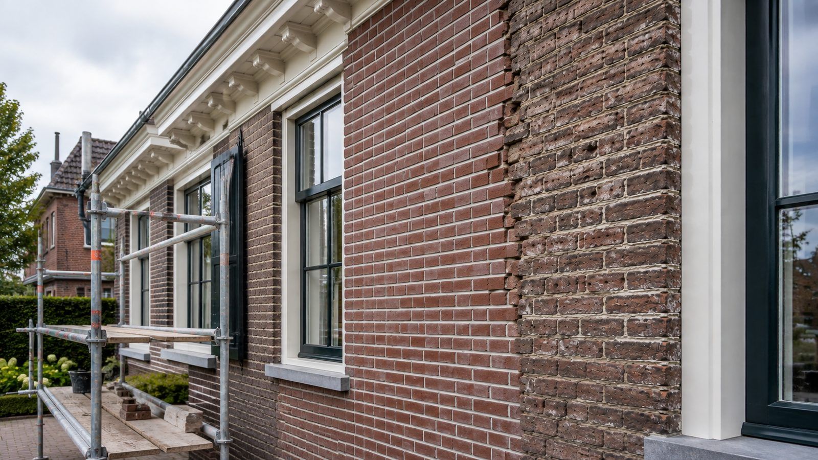 Brick facade with scaffolding, with part of the pointing already renewed