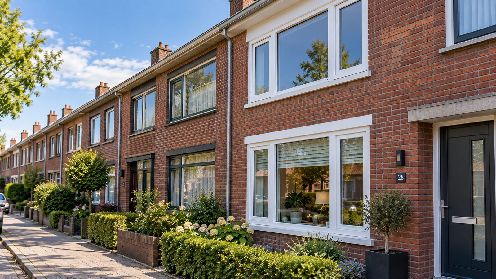 Rij woningen met nieuwe kozijnen en isolerend glas