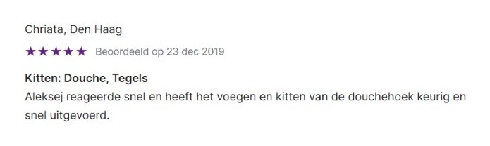 Werkspot review with 5 stars from Chriata in The Hague about grouting and sealing a shower corner