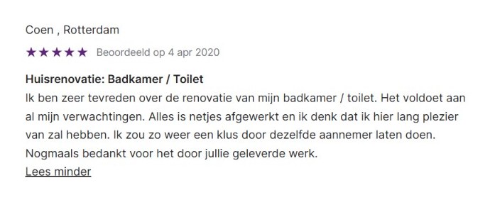 Werkspot review with 5 stars from Coen in Rotterdam about the renovation of a bathroom and toilet