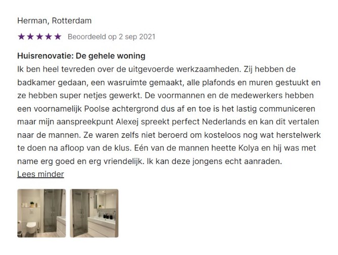 Werkspot review with 5 stars from Herman in Rotterdam about the renovation of an entire home, with photos of the finished bathroom