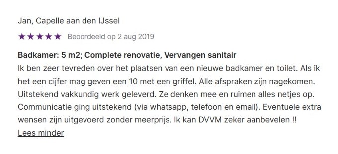 Werkspot review with 5 stars from Jan in Capelle aan den IJssel about a complete 5 sqm bathroom renovation with new sanitary ware