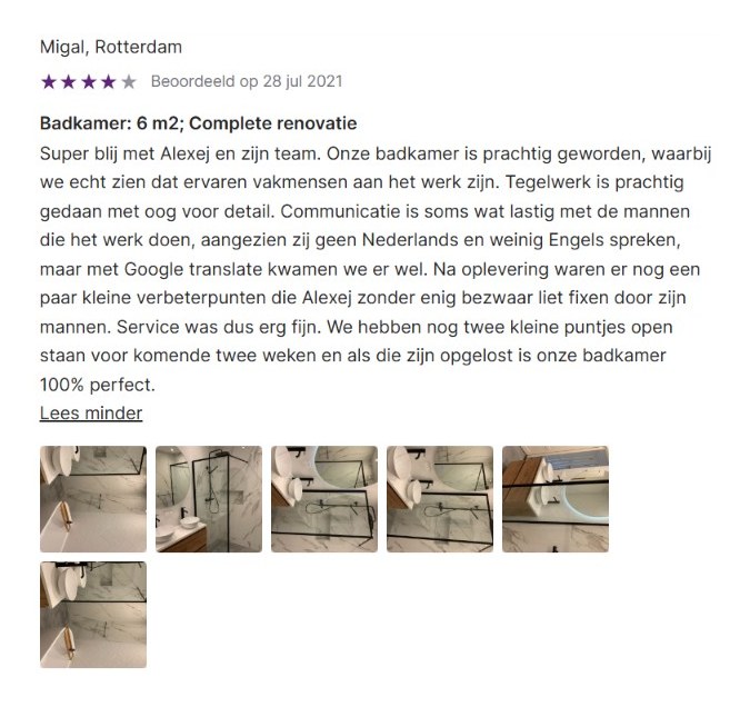 Werkspot review with 4 stars from Migal in Rotterdam about the complete renovation of a 6 sqm bathroom, including photos of the finished tiling