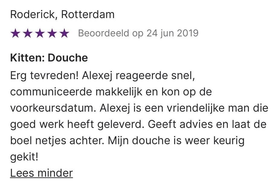 Werkspot review with 5 stars from Roderick in Rotterdam about resealing the shower