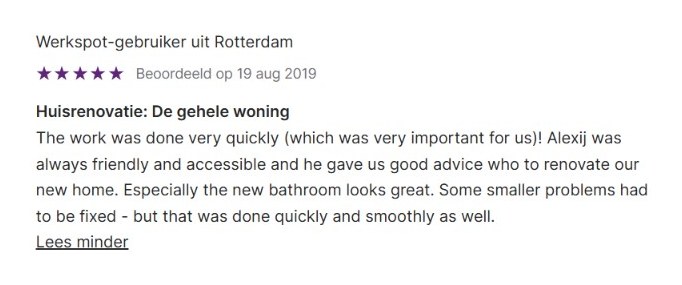 Werkspot review with 5 stars from a client in Rotterdam about the renovation of an entire home