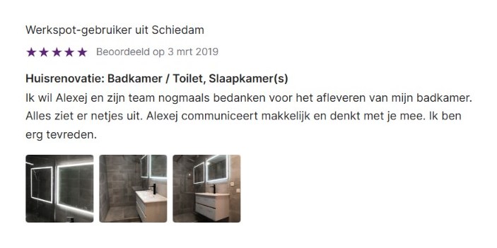 Werkspot review with 5 stars from a client in Schiedam about the renovation of a bathroom, toilet and bedrooms, with photos of the finished bathroom